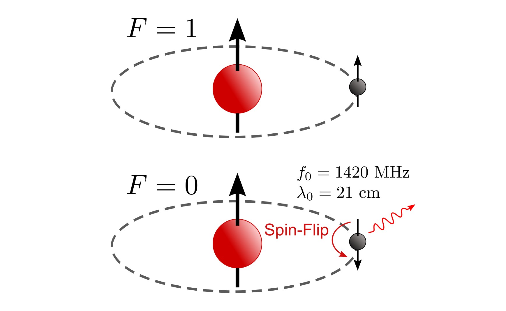 Hydrogen atom undergoing a hyperfine transition and emitting radiation, adapted from Wikipedia.